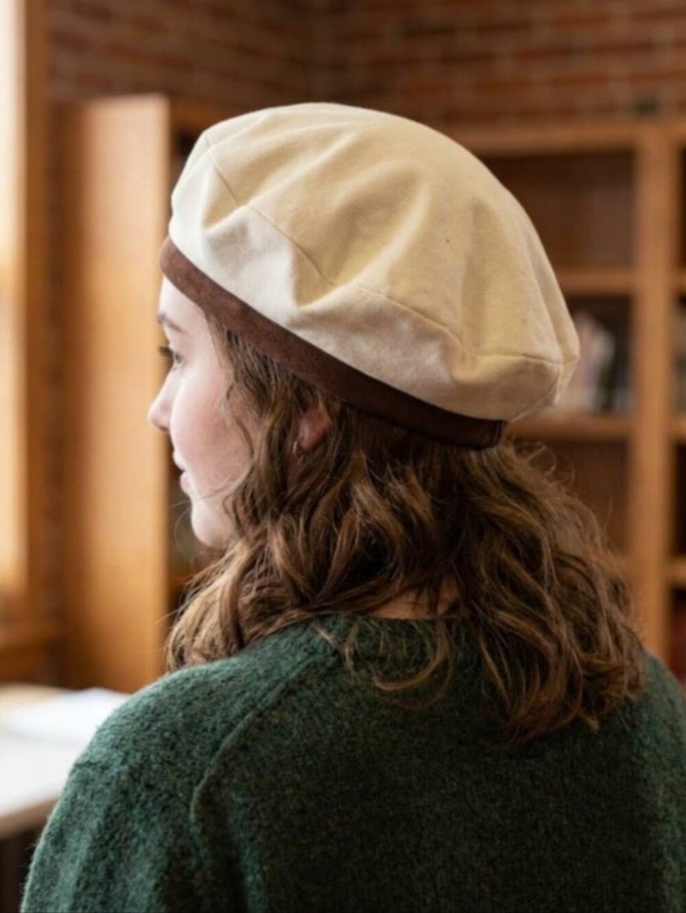 Handmade Genuine Leather Band Coated Canvas Beret Hat Ivory and Brown